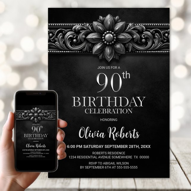 Invitation Silver Flower Black 90th Birthday Party (Créateur téléchargé)