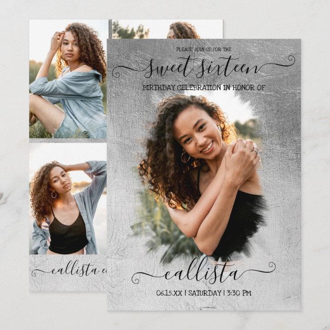 Invitation Silver Foil Halo photo Collage Sweet 16 (Devant / Derrière)