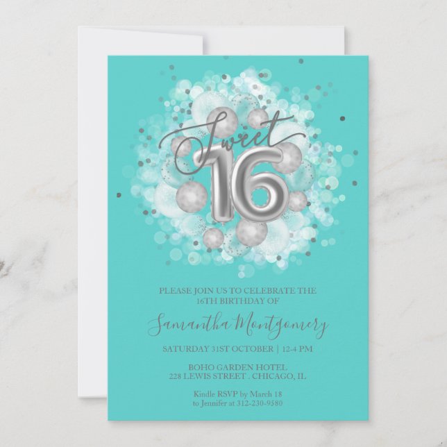 Invitation Silver Foil Sweet 16 Anniversaire Balloons Party T (Devant)