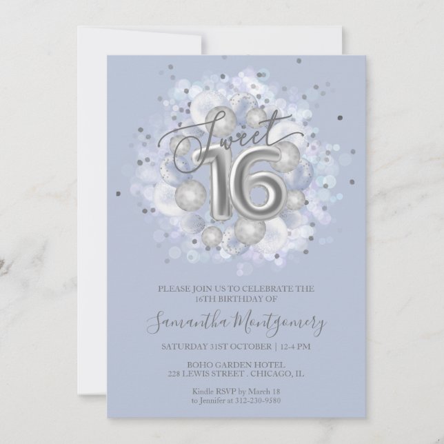 Invitation Silver Foil Sweet 16 Ballons Anniversaires Dusty B (Devant)