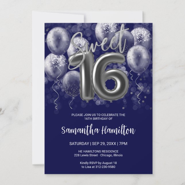 Invitation Silver Foil Sweet 16 Ballons Anniversaires Royal B (Devant)