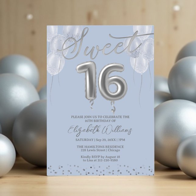 Invitation Silver Foil Sweet 16 Ballons d'anniversaire Bleu (Créateur téléchargé)