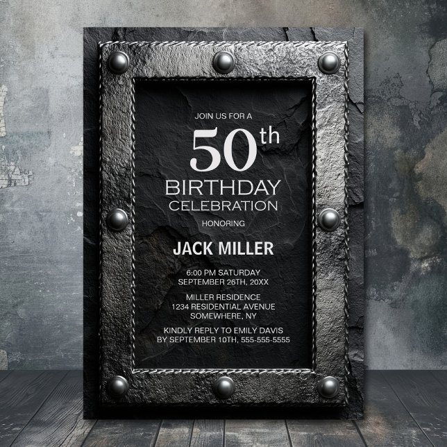 Invitation Silver Frame Black Slate 50th Birthday Party (Créateur téléchargé)