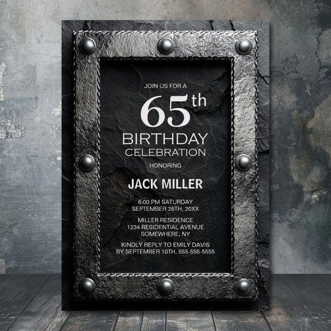Invitation Silver Frame Black Slate 65th Birthday Party (Créateur téléchargé)