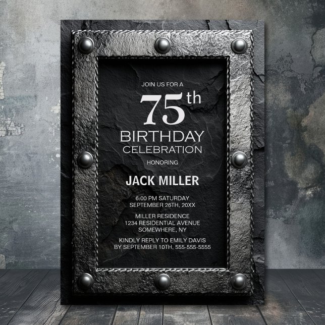 Invitation Silver Frame Black Slate 75th Birthday Party (Créateur téléchargé)