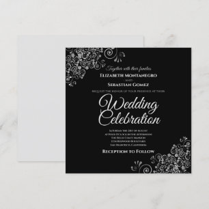Invitation Silver Frills Black Simple Elegant Carré Mariage