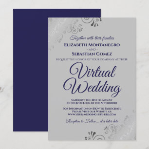 Invitation Silver Frills Chic Navy Blue Grey Mariage virtuel