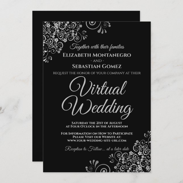 Invitation Silver Frills Elegant Black Virtual Mariage (Devant / Derrière)