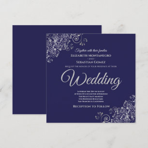 Invitation Silver Frills Elegant Carré bleu marine Mariage