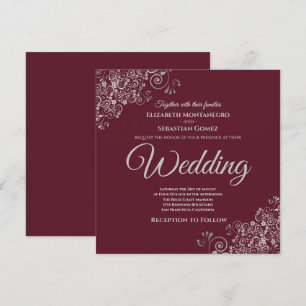 Invitation Silver Frills Élégant Carré Bourgogne Mariage