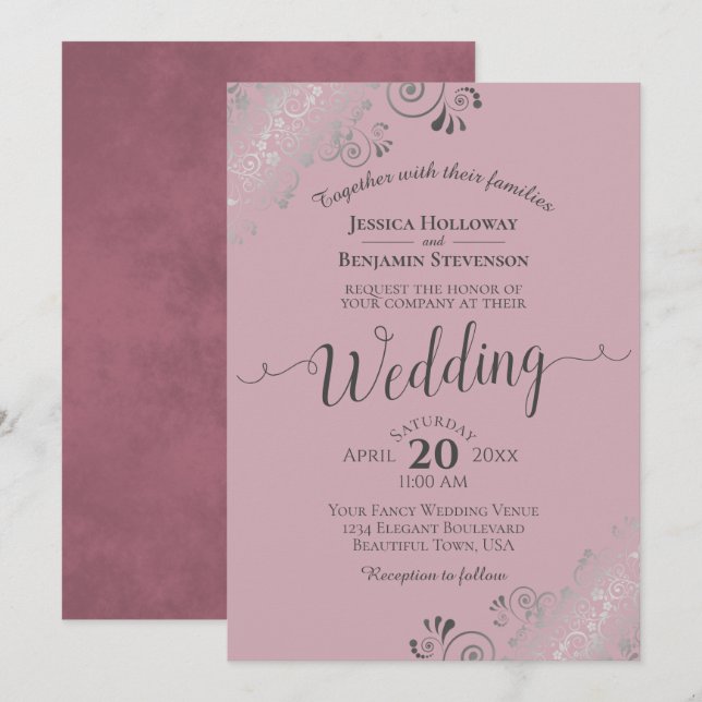 Invitation Silver Frills Elegant Dusty Rose Mauve Mariage (Devant / Derrière)