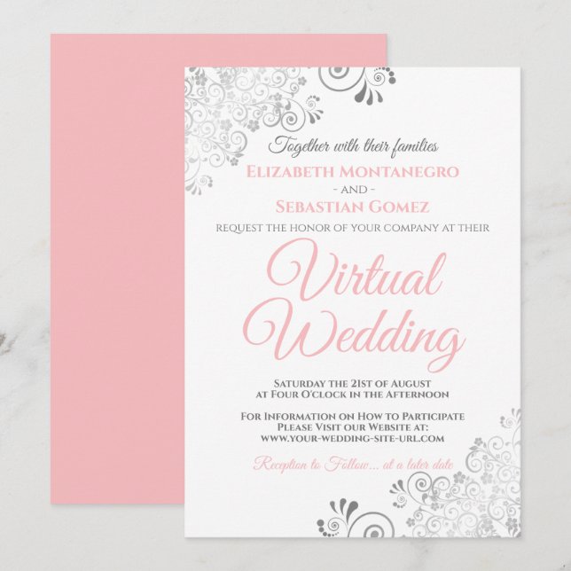 Invitation Silver Frills Élégant Mariage virtuel rose et blan (Devant / Derrière)