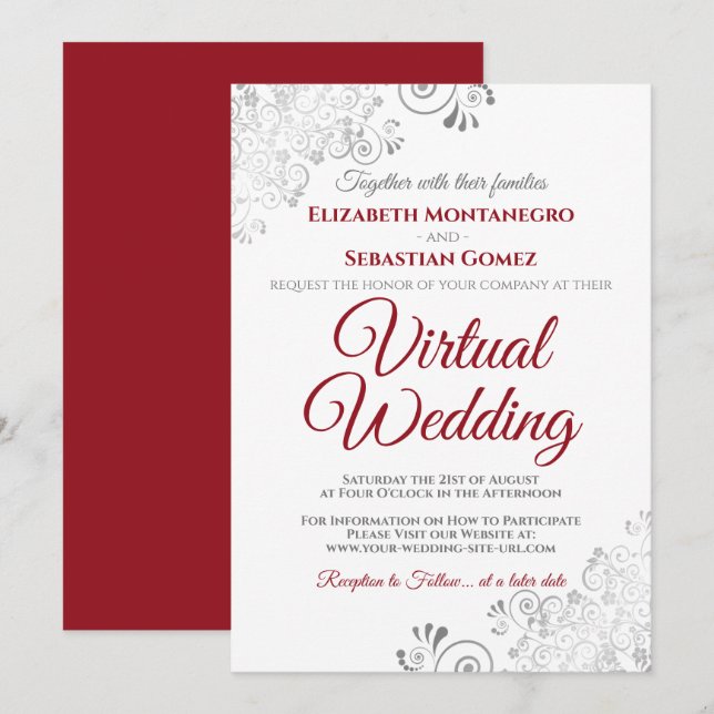 Invitation Silver Frills Élégant Mariage virtuel rouge et bla (Devant / Derrière)