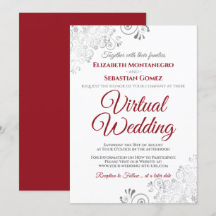 Invitation Silver Frills Élégant Mariage virtuel rouge et bla