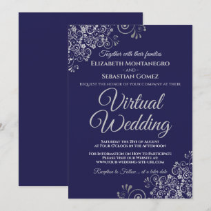 Invitation Silver Frills Elegant Navy Blue Virtual Mariage