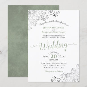Invitation Silver Frills Élégant Sage vert sur Mariage blanc