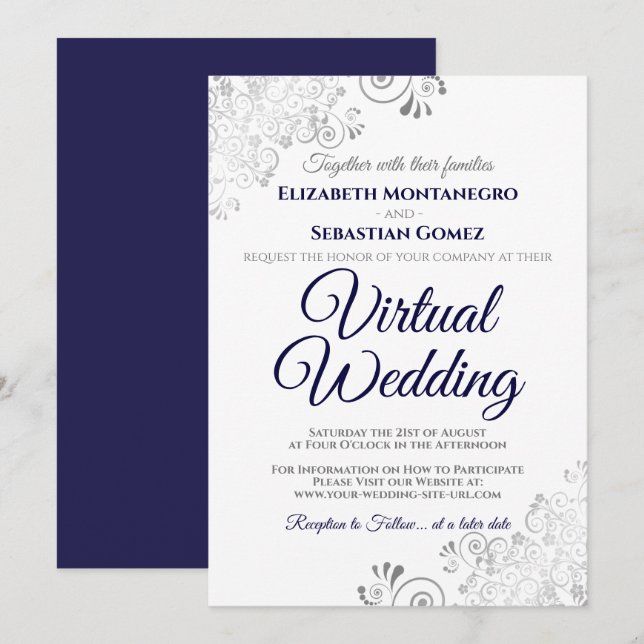 Invitation Silver Frills Marine Blue & White Mariage virtuel (Devant / Derrière)
