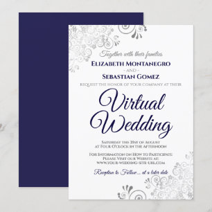 Invitation Silver Frills Marine Blue & White Mariage virtuel