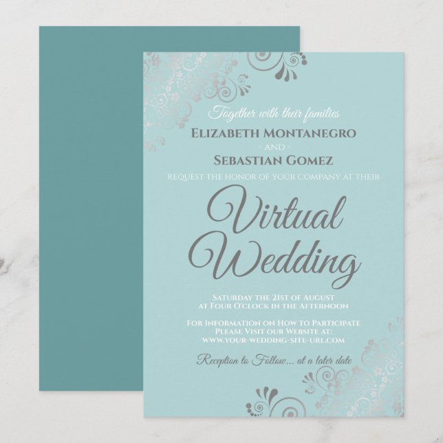 Invitation Silver Frills Pale Turquoise et gris Mariage virtu (Devant / Derrière)