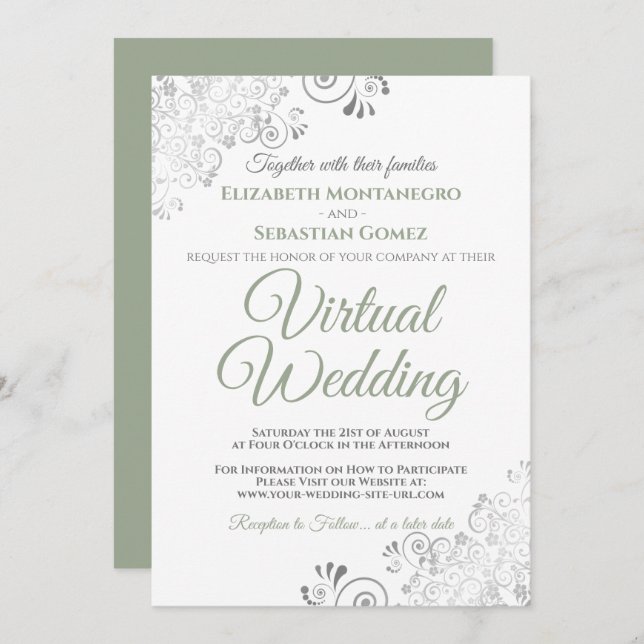 Invitation Silver Frills Sage Green & White Mariage virtuel (Devant / Derrière)