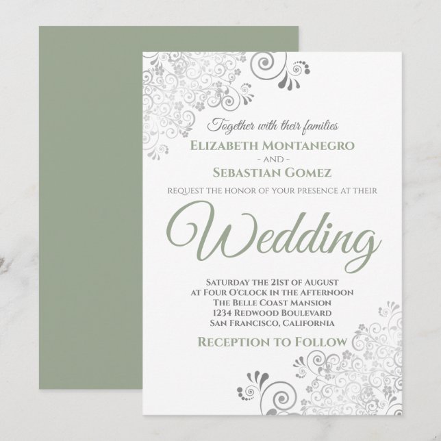 Invitation Silver Frills Simple Chic Sage Vert Mariage blanc (Devant / Derrière)