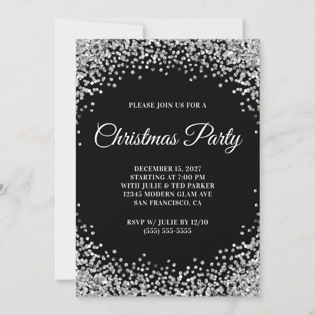 Invitation Silver Glitter Border Black Christmas Party (Devant)