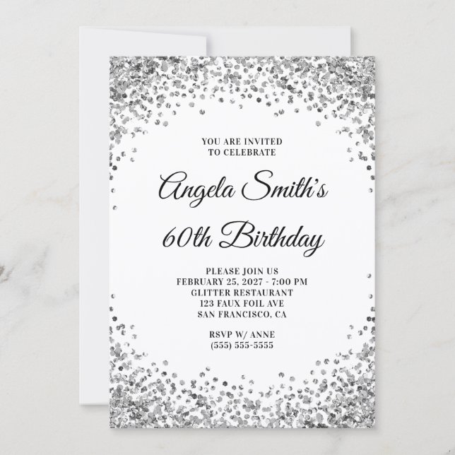 Invitation Silver Glitter Border White 60th Birthday (Devant)