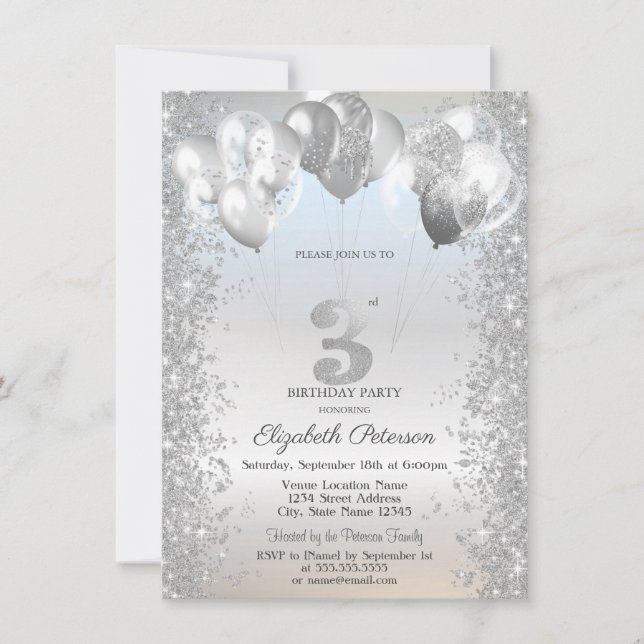 Invitation Silver Glitter Confetti Balloons 3rd Birthday (Devant)