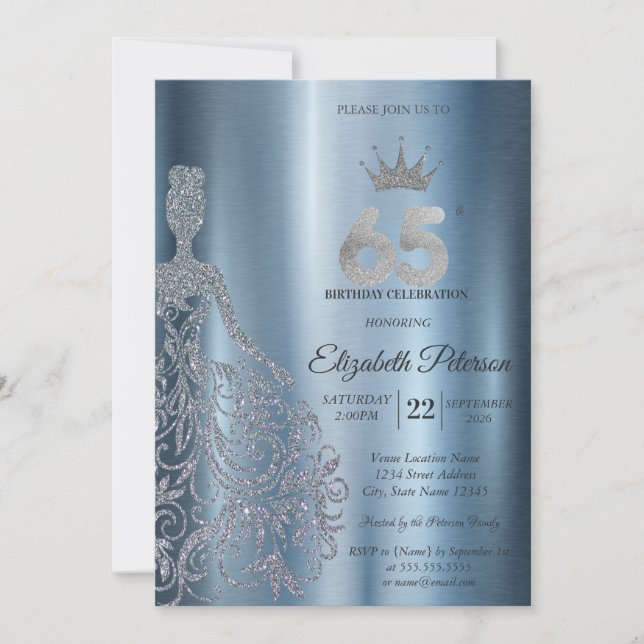 Invitation Silver Glitter Dress, Diamonds Blue 65th Birthday (Devant)