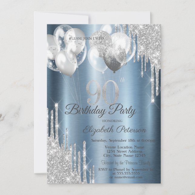 Invitation Silver Glitter Drips Balloons Blue Metallic 90th  (Devant)