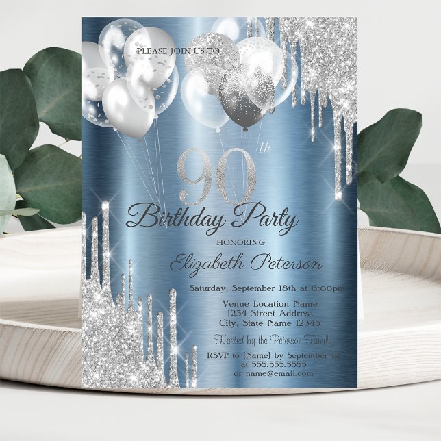 Invitation Silver Glitter Drips Balloons Blue Metallic 90th  (Créateur téléchargé)