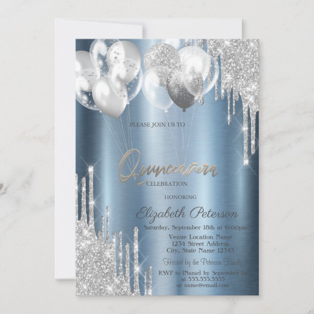 Invitation Silver Glitter Drips Balloons Blue Quinceanera (Devant)