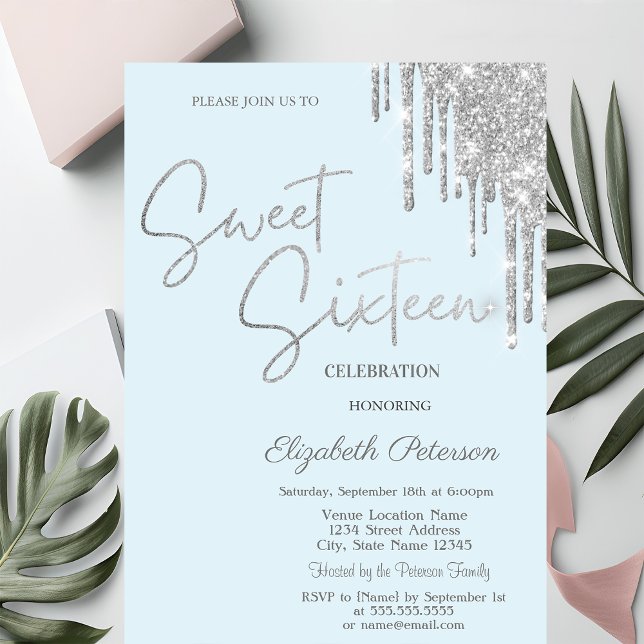 Invitation Silver Glitter Drips Light Blue Simple  Sweet 16   (Créateur téléchargé)