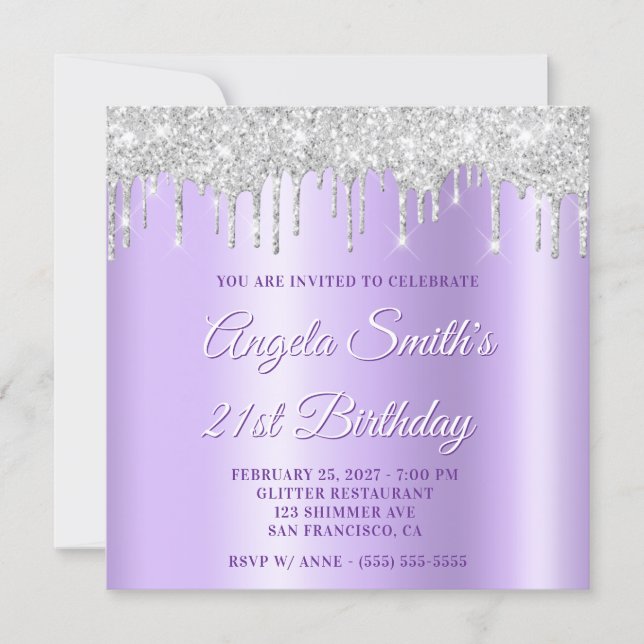 Invitation Silver Glitter Drips Pale Lavender Drop Shadow (Devant)