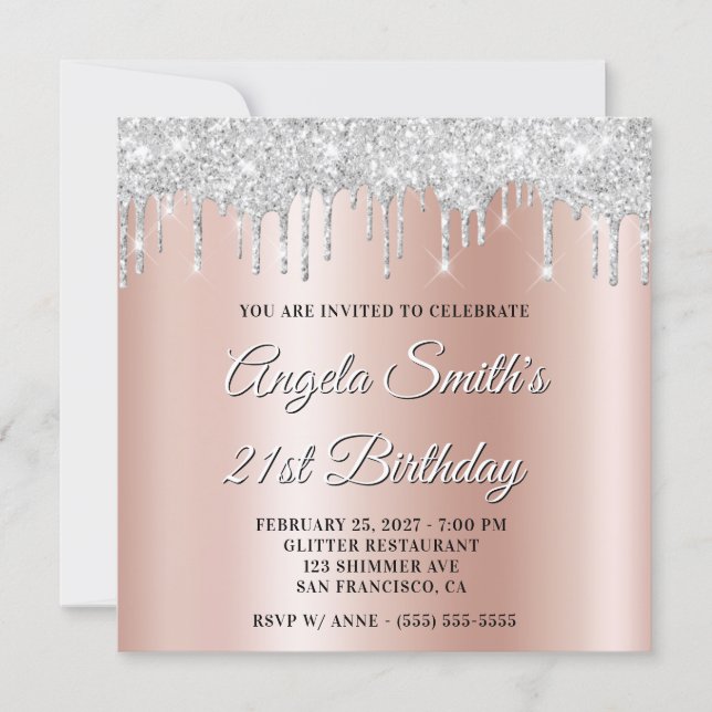 Invitation Silver Glitter Drips Rose Gold Ombre Drop Shadow (Devant)