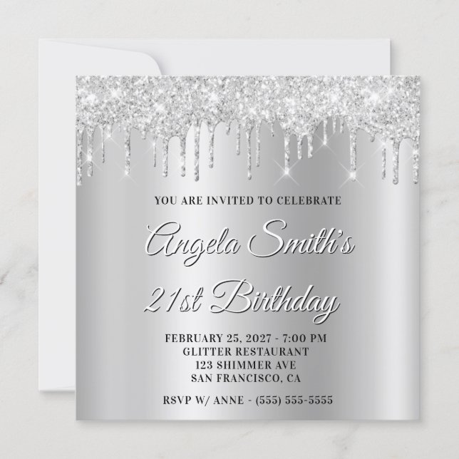 Invitation Silver Glitter Drips Shimmer Ombre Drop Shadow (Devant)