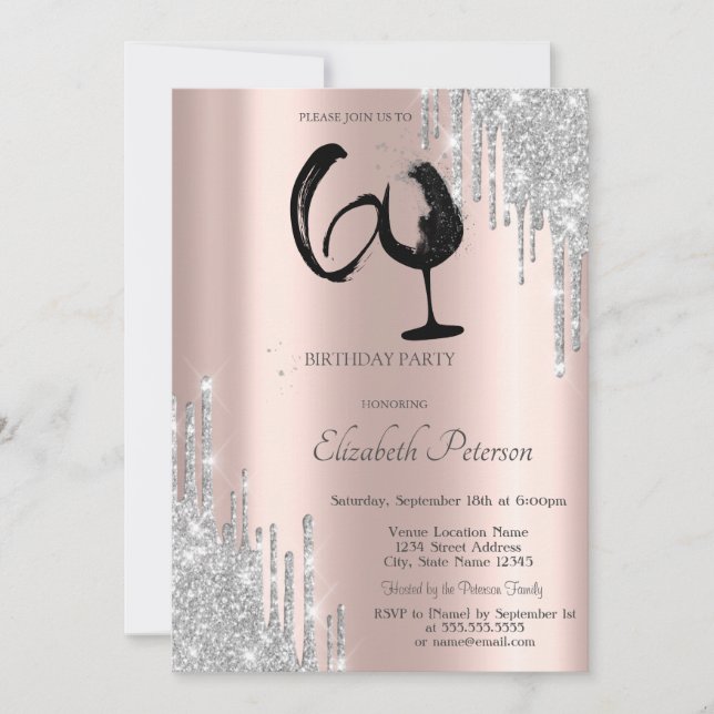 Invitation Silver Glitter Drips Wine Glass Rose Gold 60th  (Devant)