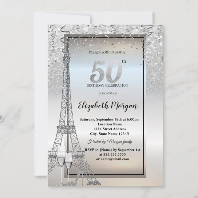 Invitation Silver Glitter Eiffel Tower,Glass,Heels 50th (Devant)