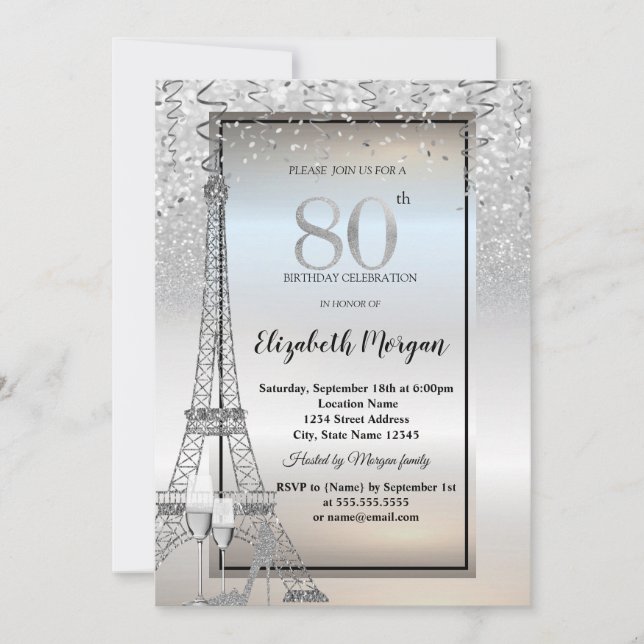 Invitation Silver Glitter Eiffel Tower,Glass,Heels 80th (Devant)