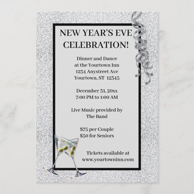 Invitation Silver Glitter New Year's Eve Party (Devant)