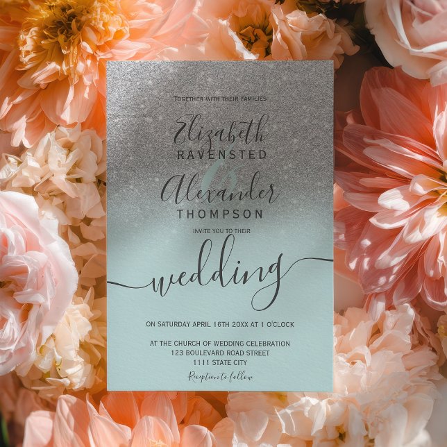 Invitation Silver glitter ombre sage green script wedding (Silver glitter ombre sage green script wedding invitation)