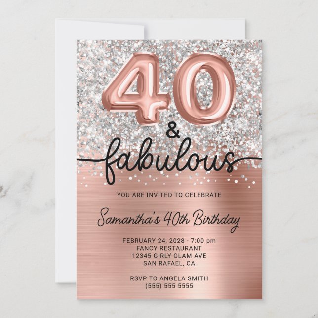 Invitation Silver Glitter Rose Gold Glam 40 and Fabulous (Devant)