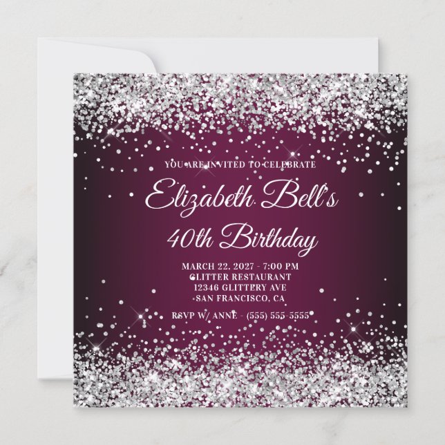 Invitation Silver Glitter Wine Dark Ombre 40th Birthday (Devant)