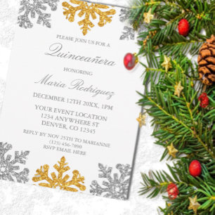 Invitation Silver Gold Snowflake Winter Quinceanera