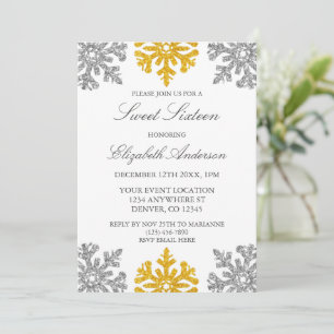 Invitation Silver Gold Snowflake Winter Sweet 16