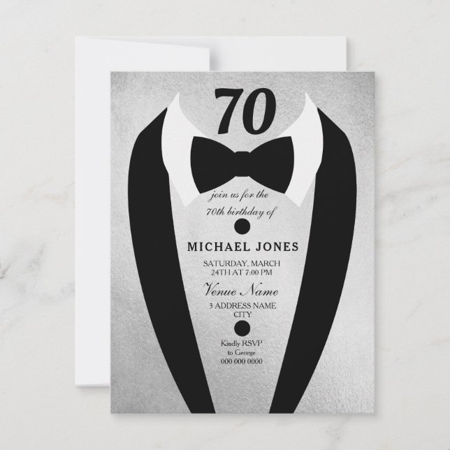 Invitation Silver Gold Tuxedo Mens 70e anniversaire Invitatio (Devant)