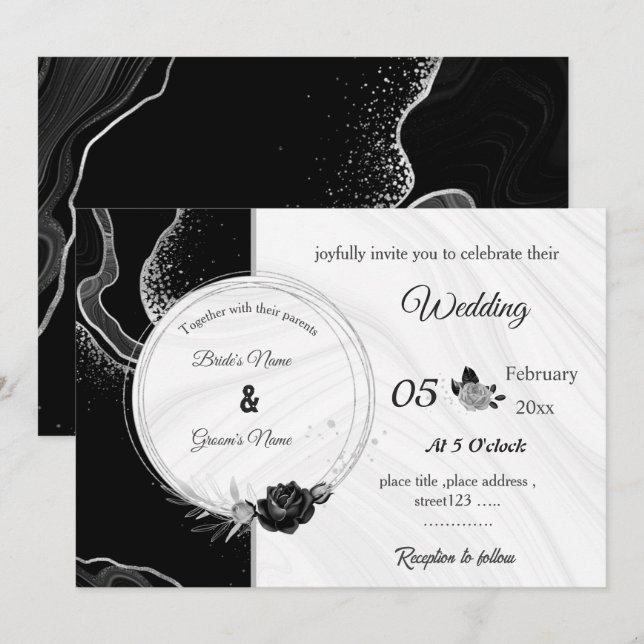 Invitation silver gray & black flowers botanical wedding (Devant / Derrière)