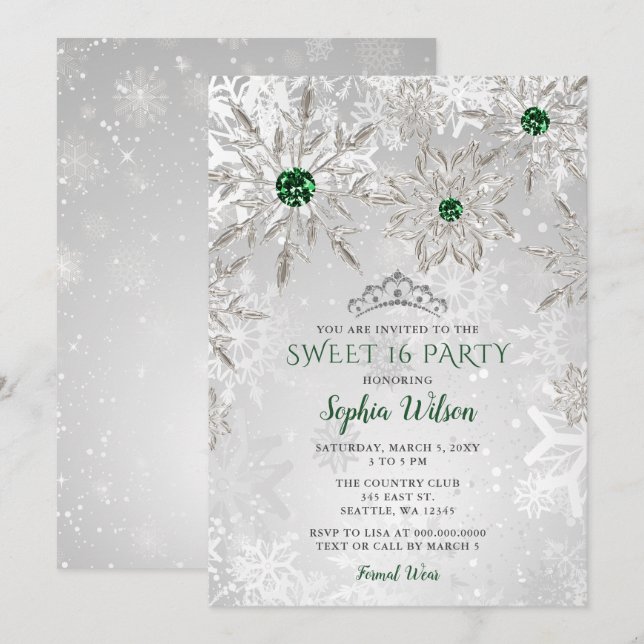 Invitation Silver Green Snowflake Princess Tiara Sweet 16 (Devant / Derrière)