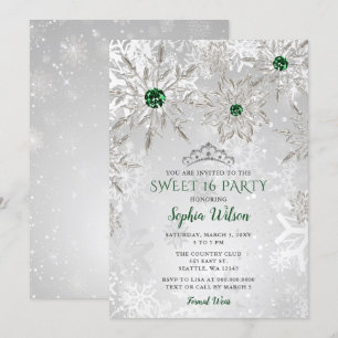 Invitation Silver Green Snowflake Princess Tiara Sweet 16