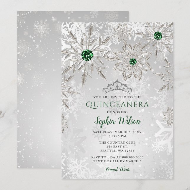 Invitation Silver Green Snowflake Princesse Tiara Quinceañera (Devant / Derrière)